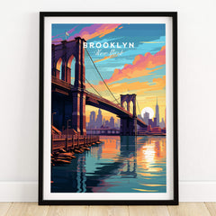 Brooklyn Bridge Print featuring a colorful sunset view of the Brooklyn Bridge and New York skyline.