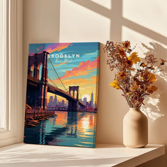 Brooklyn Bridge Print showcasing vibrant sunset colors and city skyline reflection in a cozy interior setting.