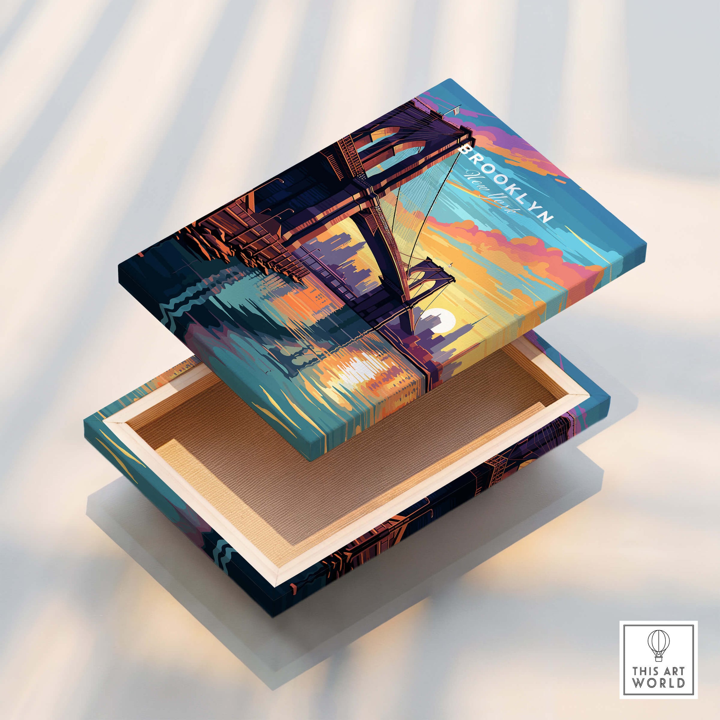 Brooklyn Bridge Print wooden box with sunset design capturing New York's urban charm and beauty.