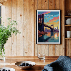Brooklyn Bridge Print depicting the bridge at sunset, surrounded by warm hues and urban charm in a cozy setting.