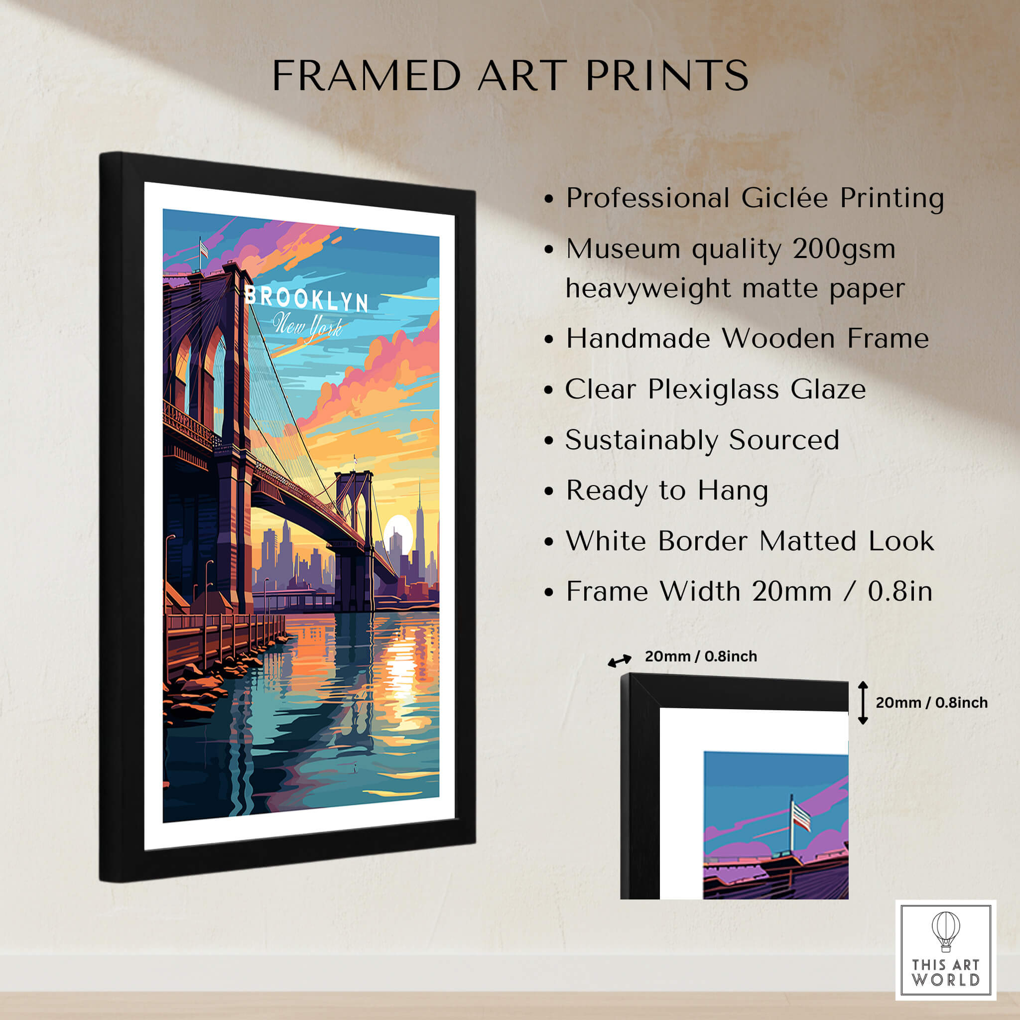 Brooklyn Bridge Print framed art showcasing the iconic bridge at sunset with vibrant colors and a wooden frame.