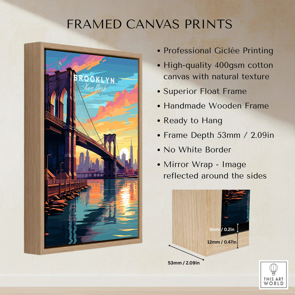 Brooklyn Bridge Print featuring vibrant sunset hues and a handmade wooden frame, ready to hang.