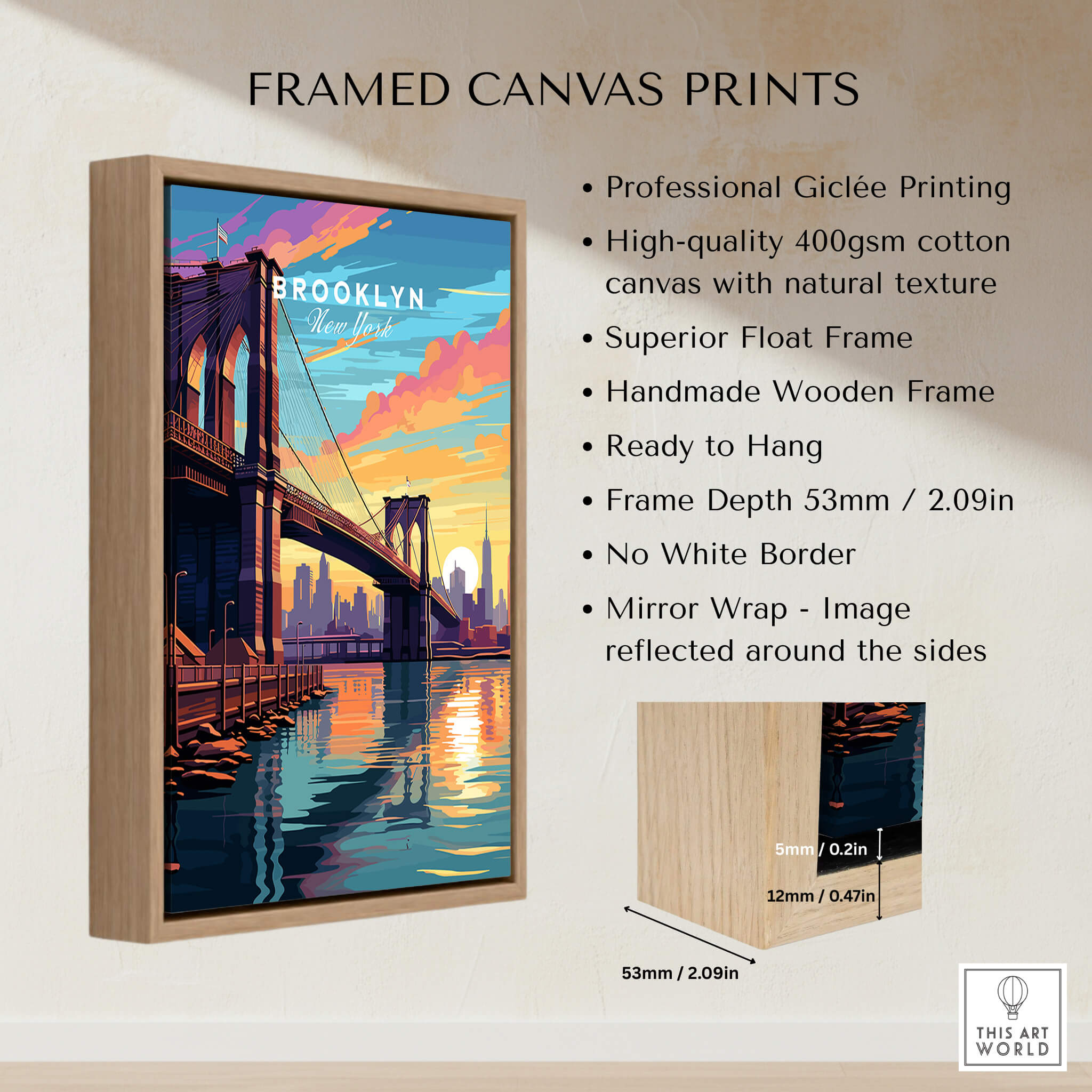 Brooklyn Bridge Print featuring vibrant sunset hues and a handmade wooden frame, ready to hang.