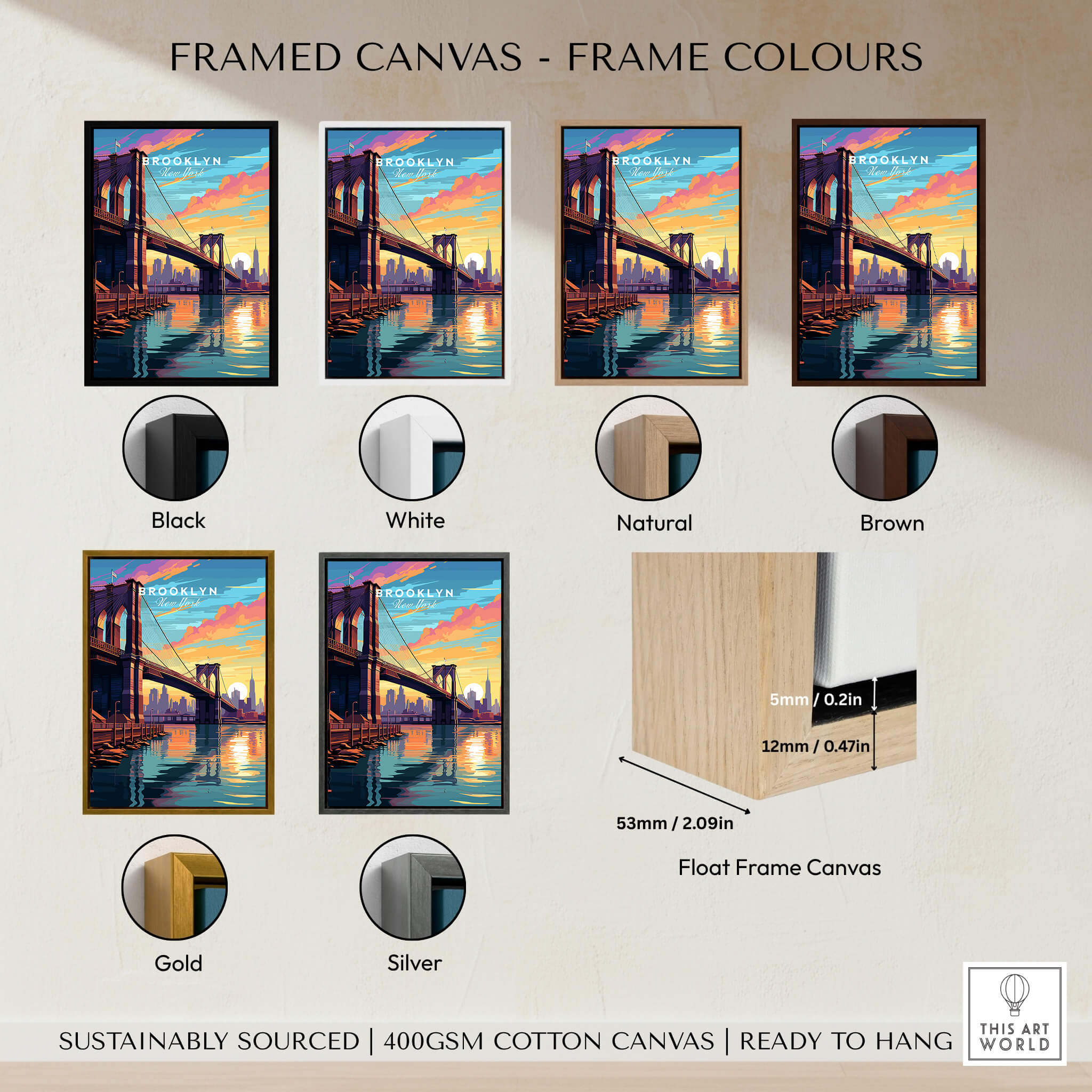 Brooklyn Bridge Print displayed in various frame colors including Black, White, Natural, Brown, Gold, and Silver.