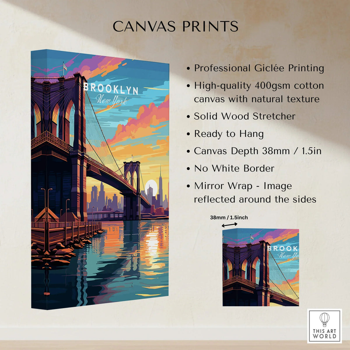 Brooklyn Bridge Print showcasing vibrant sunset colors and detailed features of the iconic bridge on high-quality canvas.