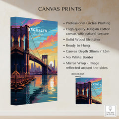 Brooklyn Bridge Print showcasing vibrant sunset colors and detailed features of the iconic bridge on high-quality canvas.