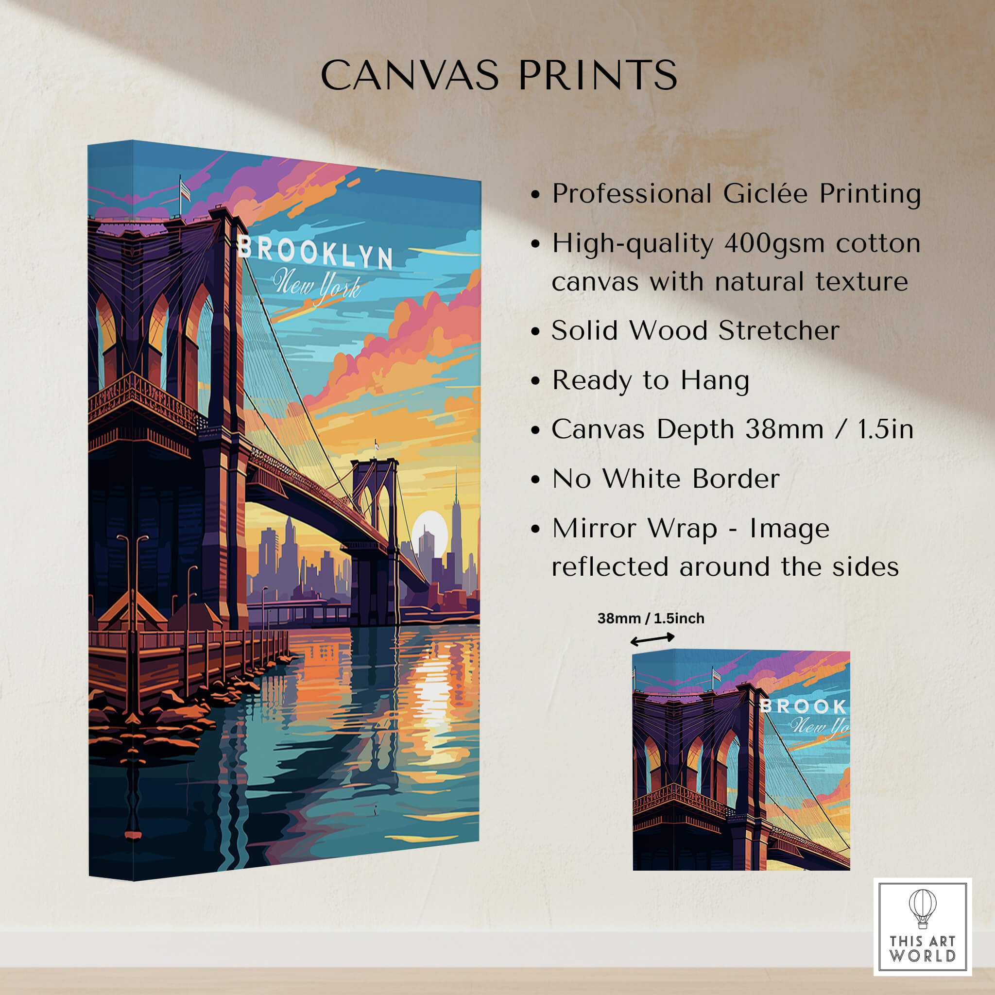 Brooklyn Bridge Print showcasing vibrant sunset colors and detailed features of the iconic bridge on high-quality canvas.