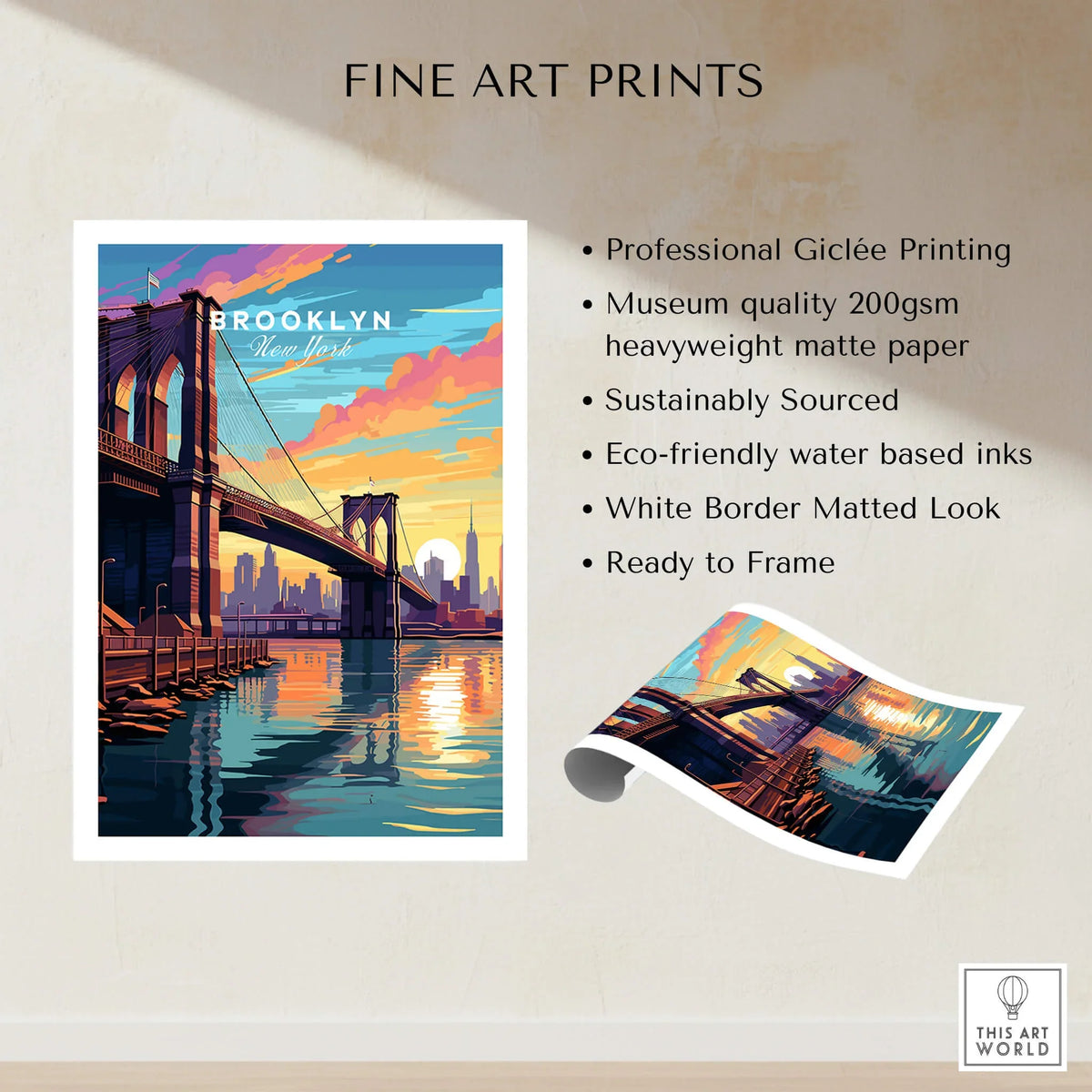 Brooklyn Bridge Print showcasing vibrant colors and stunning details of the iconic bridge at sunset.