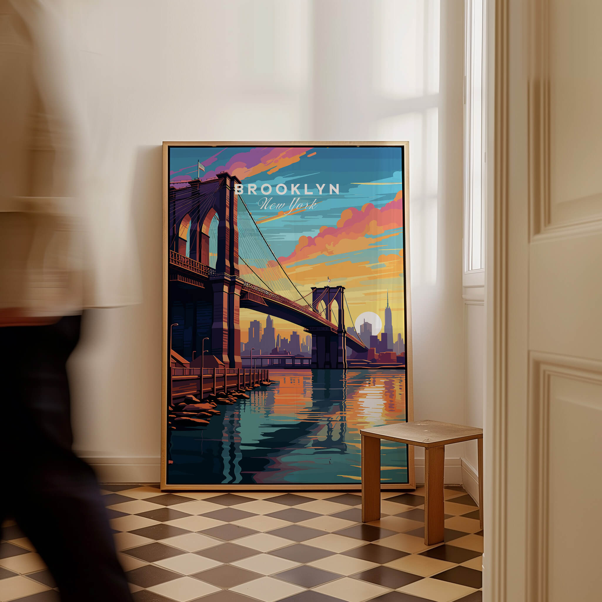 Brooklyn Bridge Print featuring vibrant sunset colors in a stylish interior setting.