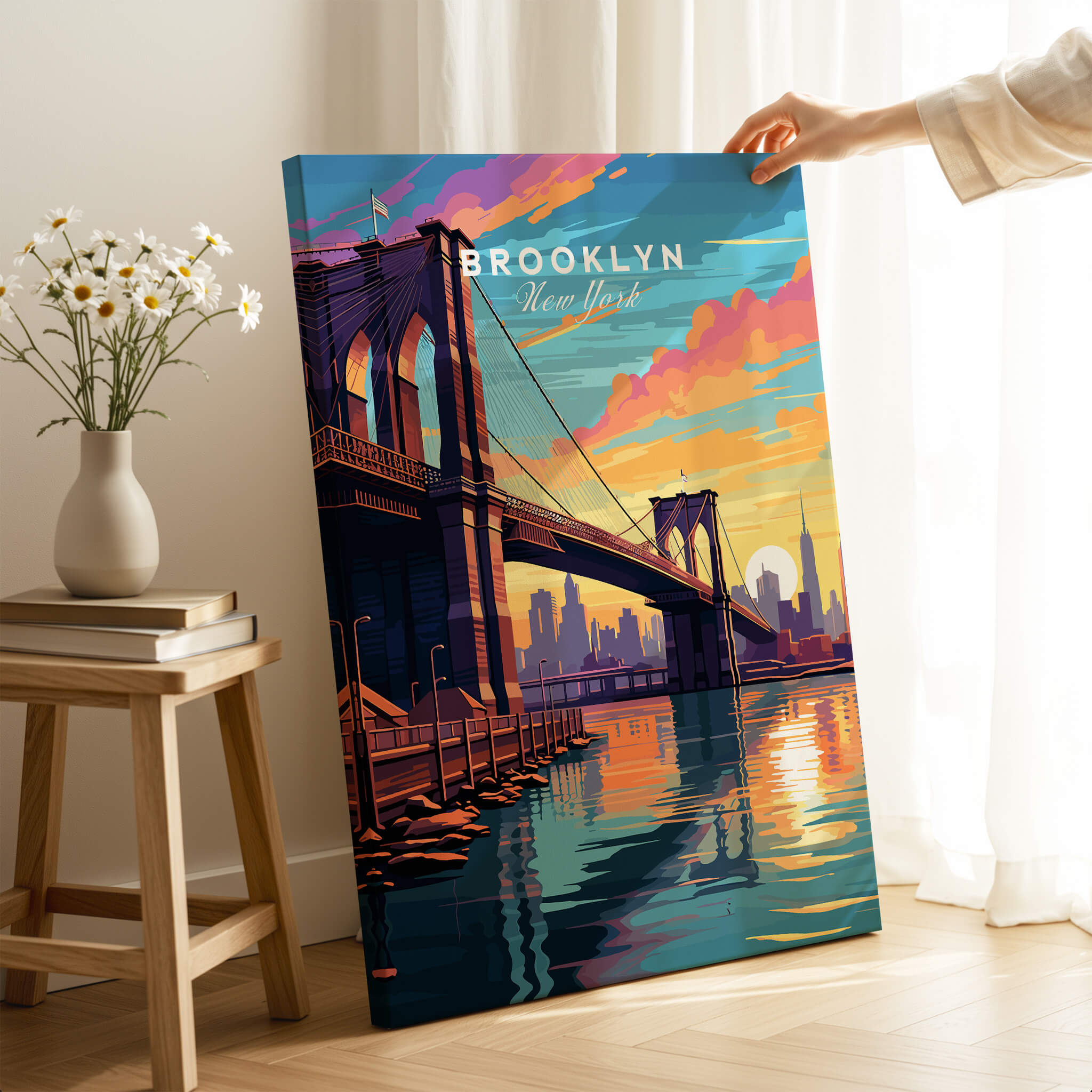 Brooklyn Bridge Print featuring sunset colors and urban skyline, capturing the beauty of New York architecture.