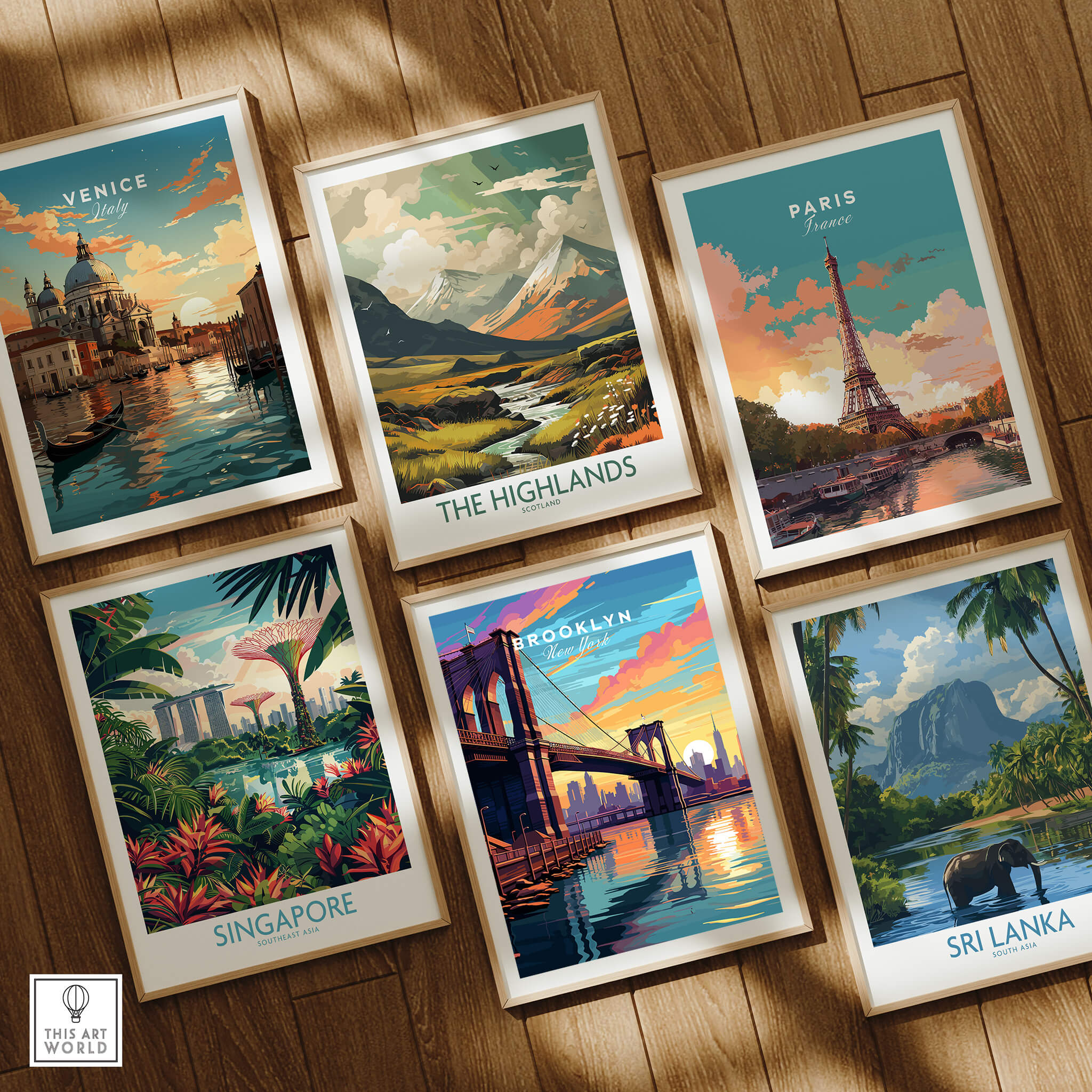 Collection of travel art prints featuring Brooklyn Bridge Print, Venice, Paris, Highlands, Singapore, and Sri Lanka.
