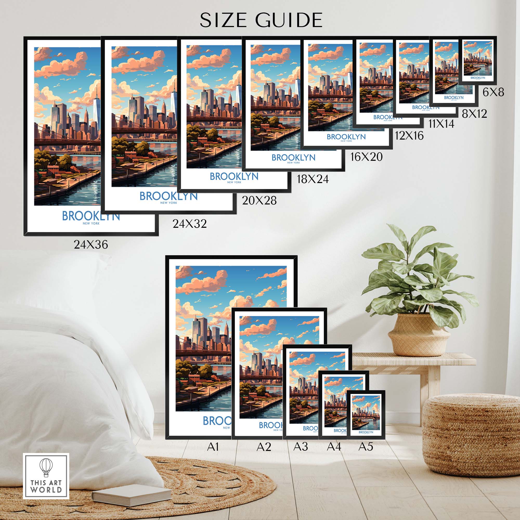 Brooklyn Poster size guide showing various dimensions and placements in a stylish home setting.