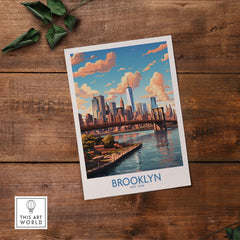 Brooklyn Poster depicting the Brooklyn Bridge and skyline in vibrant colors, perfect for urban décor.