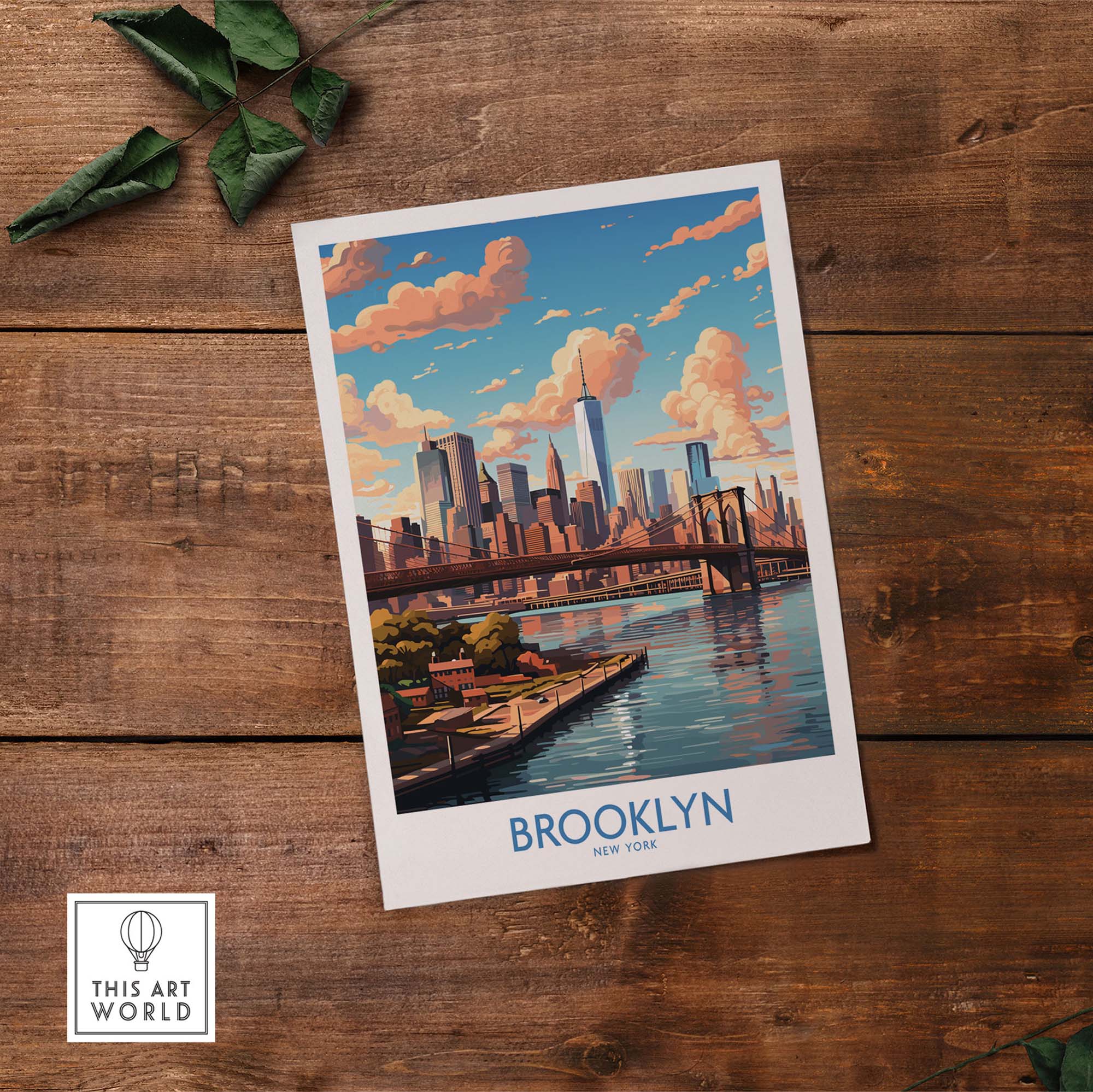 Brooklyn Poster depicting the Brooklyn Bridge and skyline in vibrant colors, perfect for urban décor.