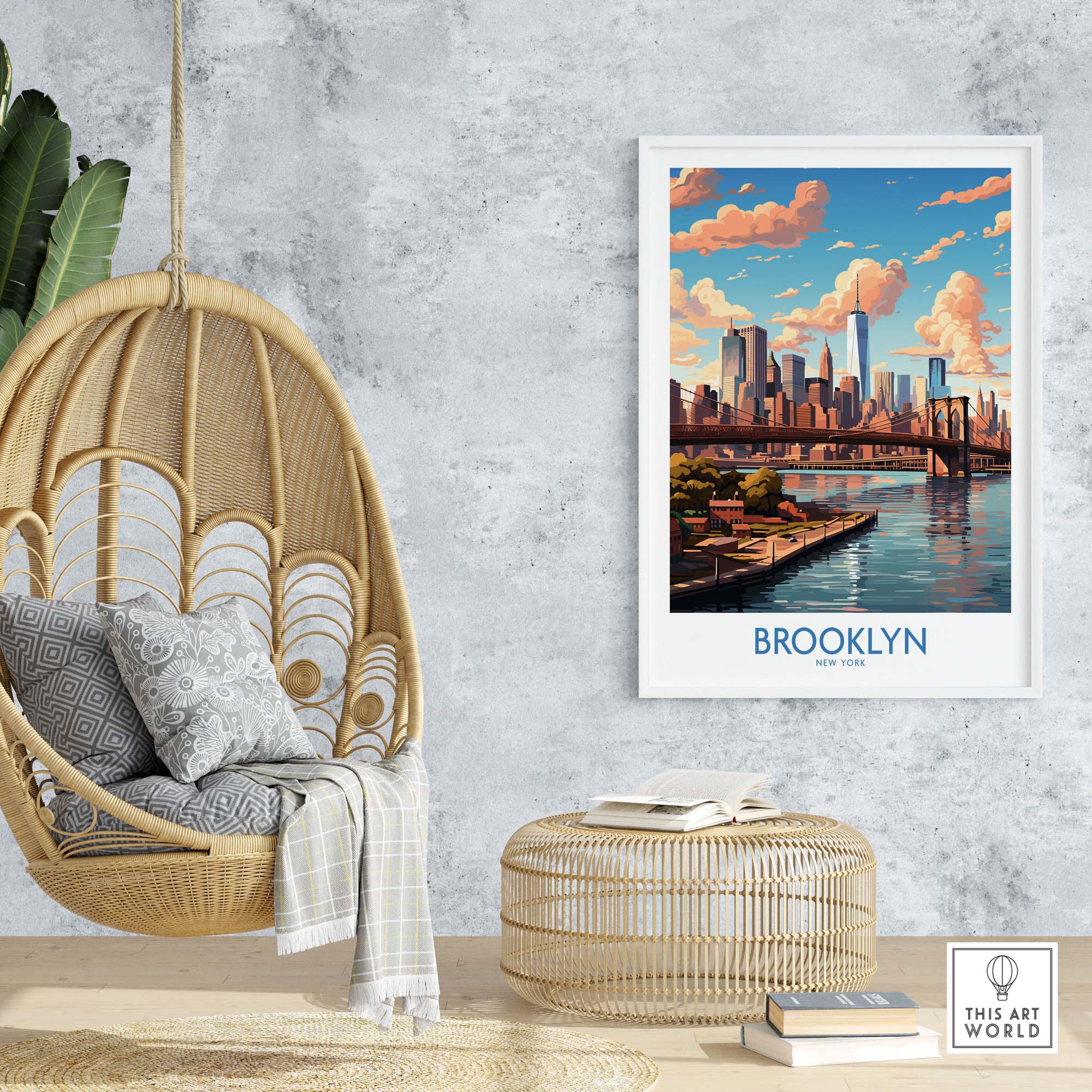 Brooklyn Poster showcasing the vibrant Brooklyn skyline in a stylish setting with a hanging chair.