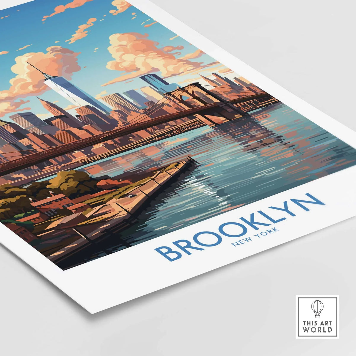 Brooklyn Poster featuring a vibrant view of Brooklyn Bridge and NYC skyline with a beautiful sunset.
