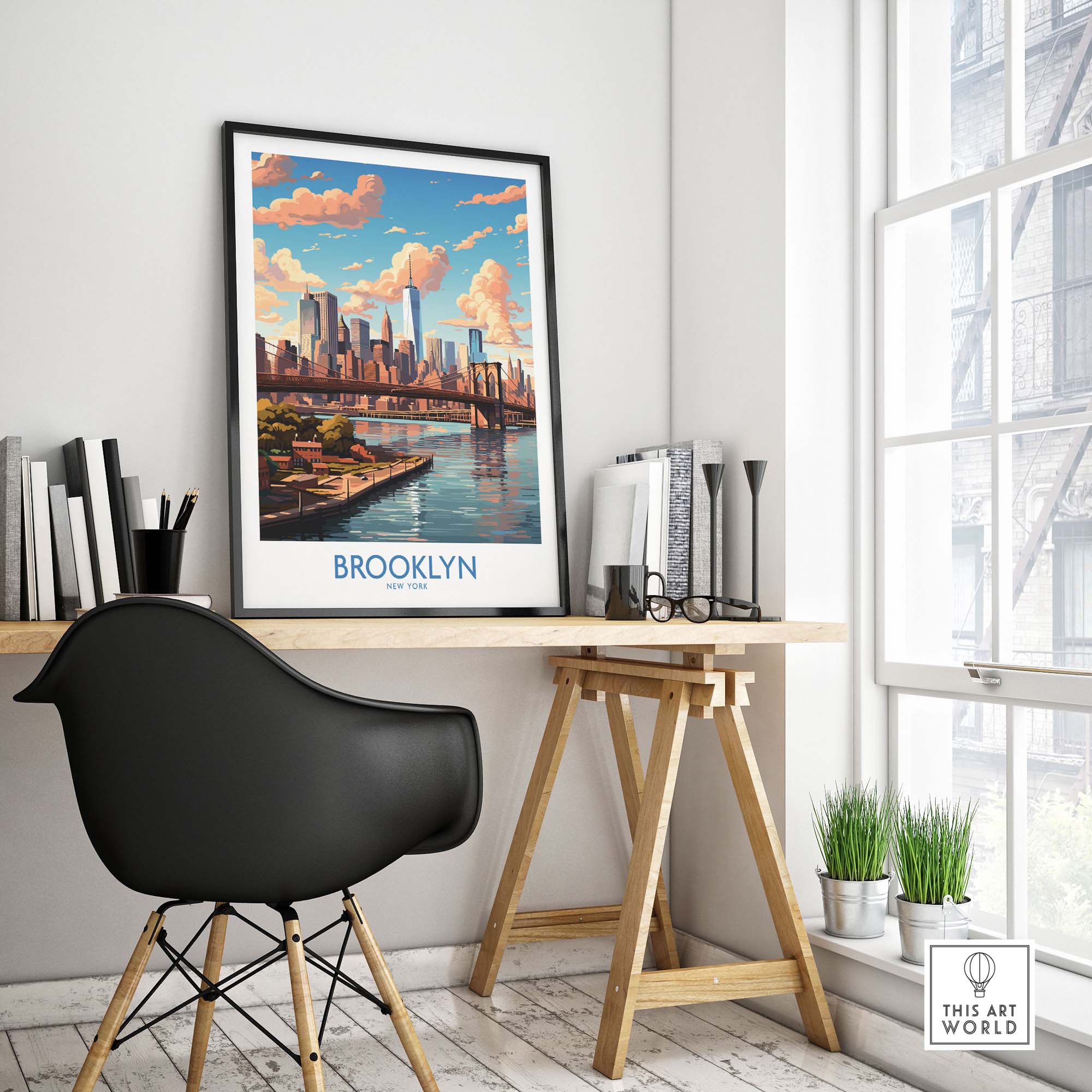 Brooklyn Poster displayed in a modern workspace, capturing the essence of Brooklyn's vibrant culture and charm.
