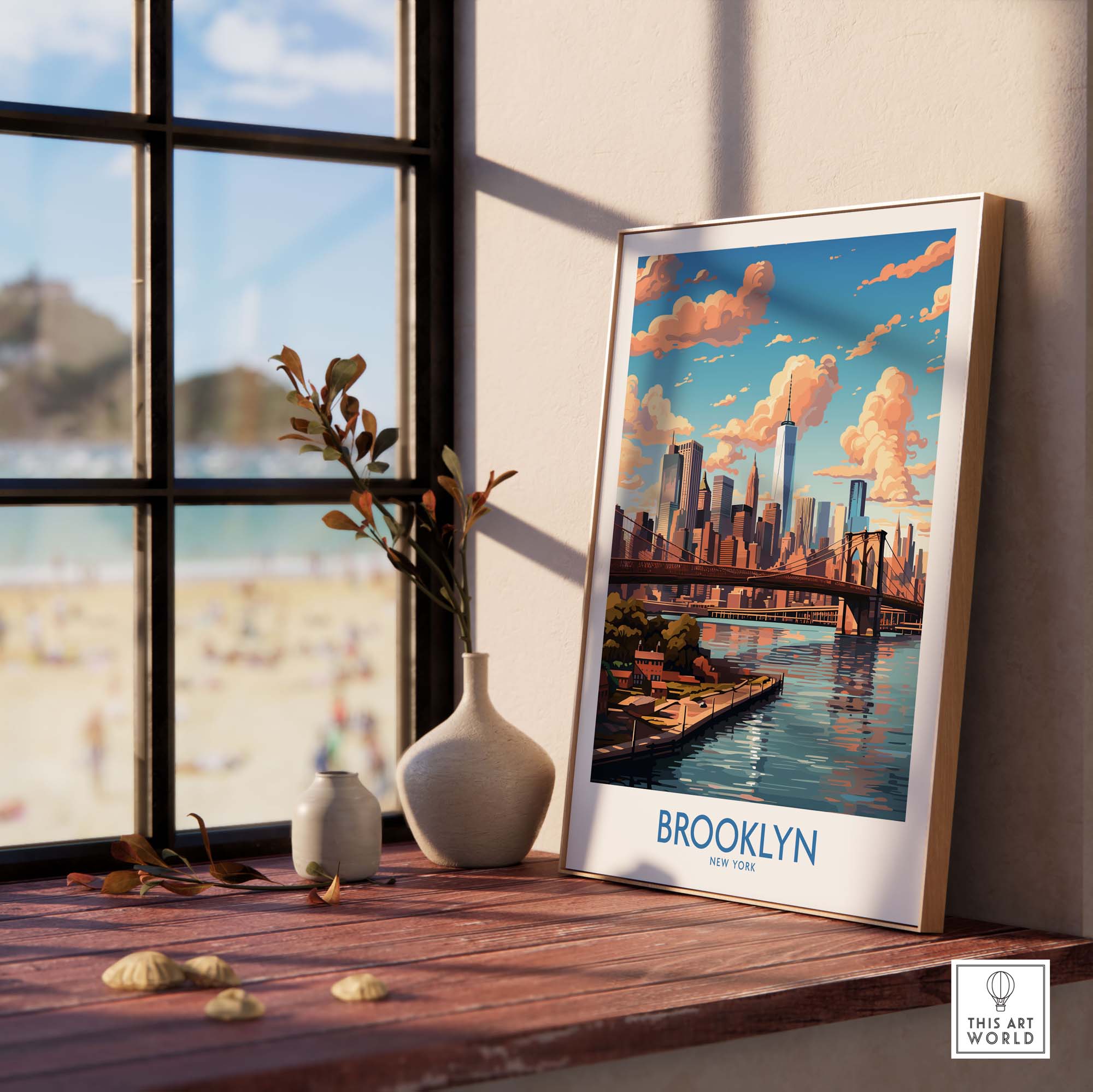 Brooklyn Poster displayed on a windowsill, showcasing the vibrant skyline and culture of Brooklyn, New York.