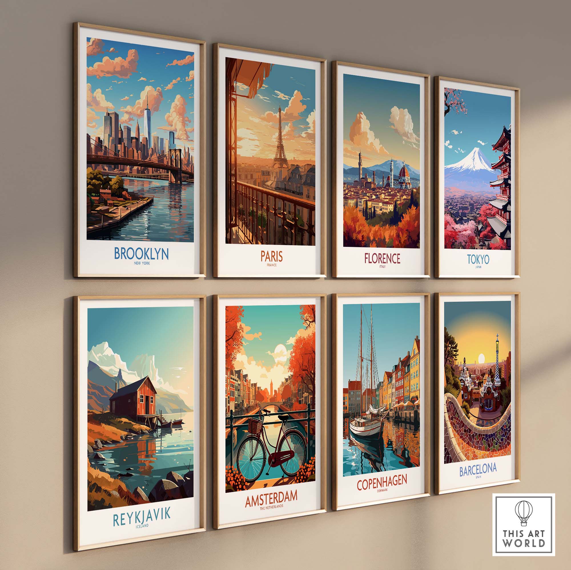 Brooklyn Poster and various city posters displayed on a wall, showcasing vibrant urban artwork.