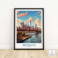 Brooklyn Poster featuring a vibrant skyline view of Brooklyn, New York with colorful clouds and the iconic bridge.