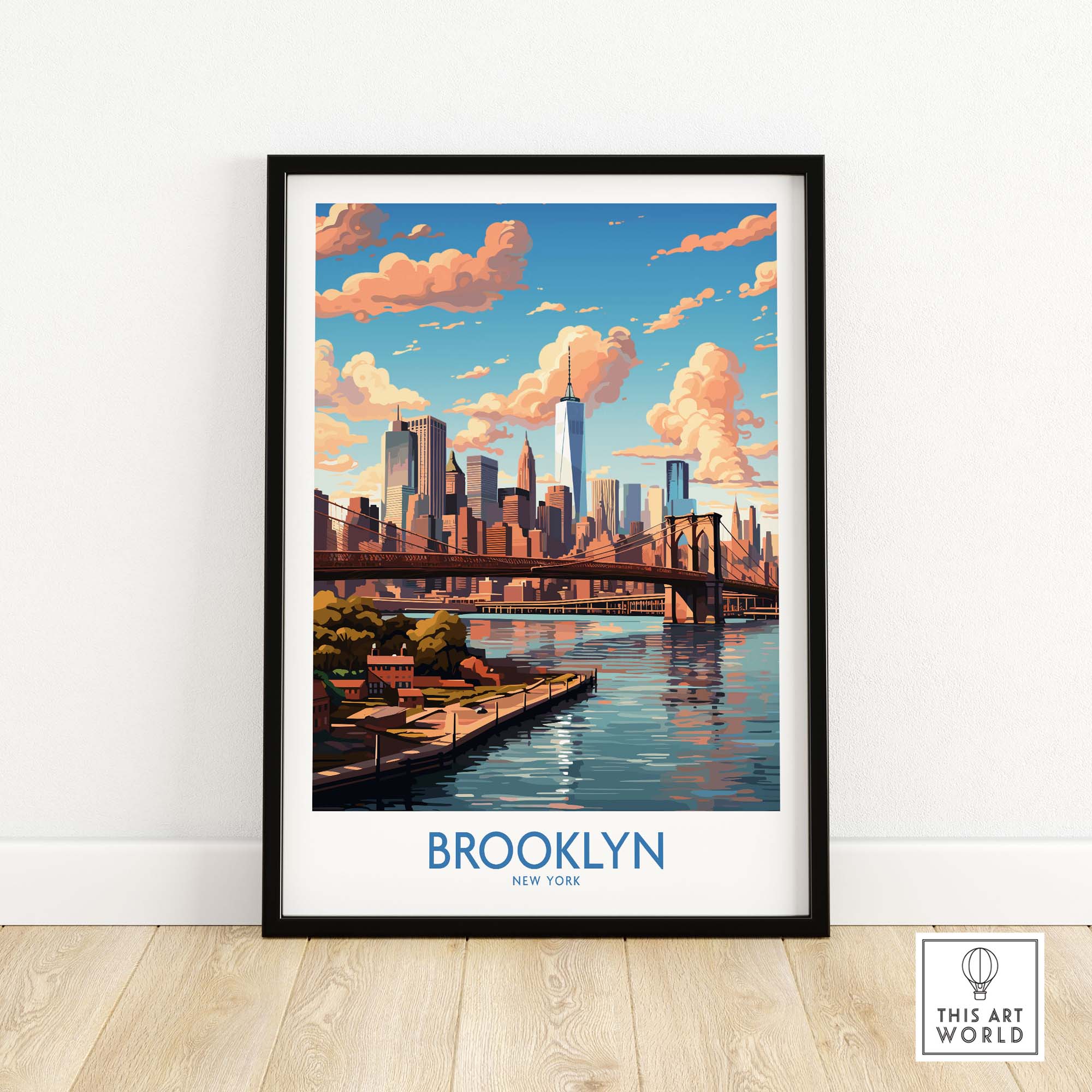 Brooklyn Poster featuring a vibrant skyline view of Brooklyn, New York with colorful clouds and the iconic bridge.