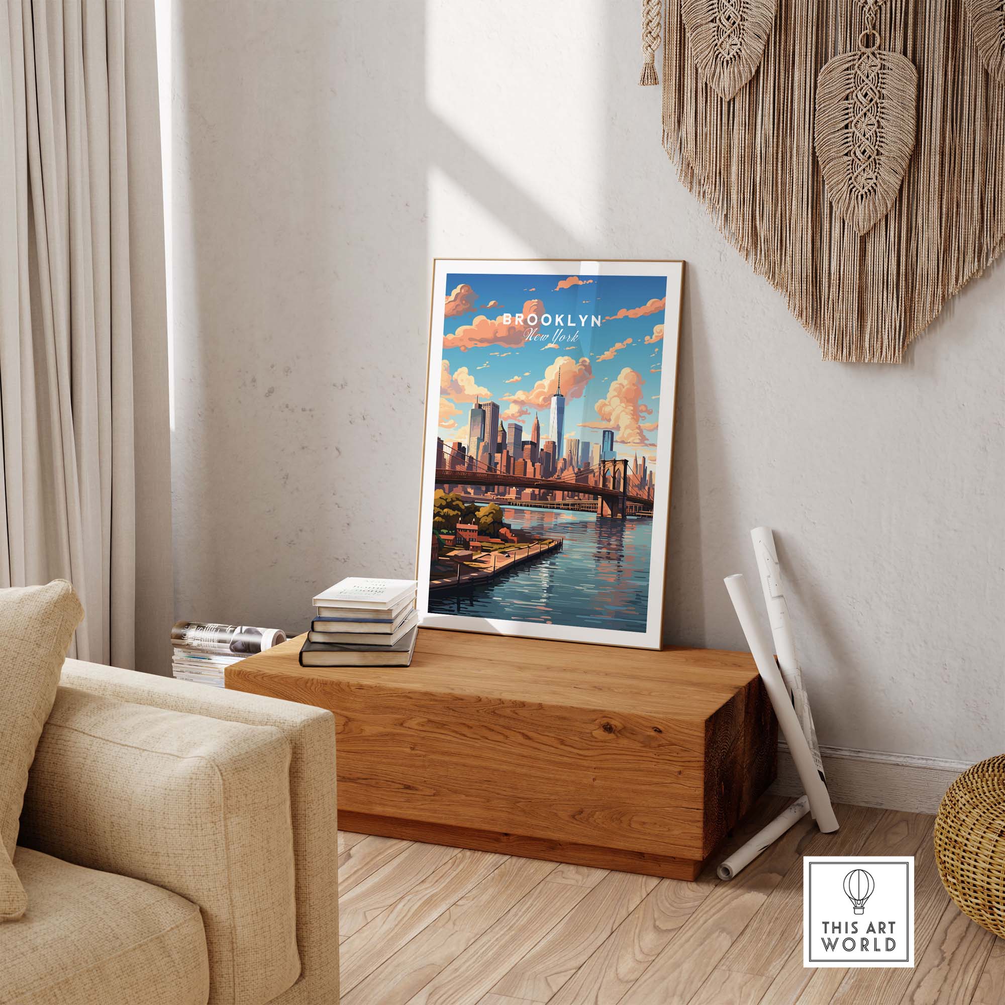 Brooklyn Print featuring the iconic bridge in an elegant living room setting with modern décor.