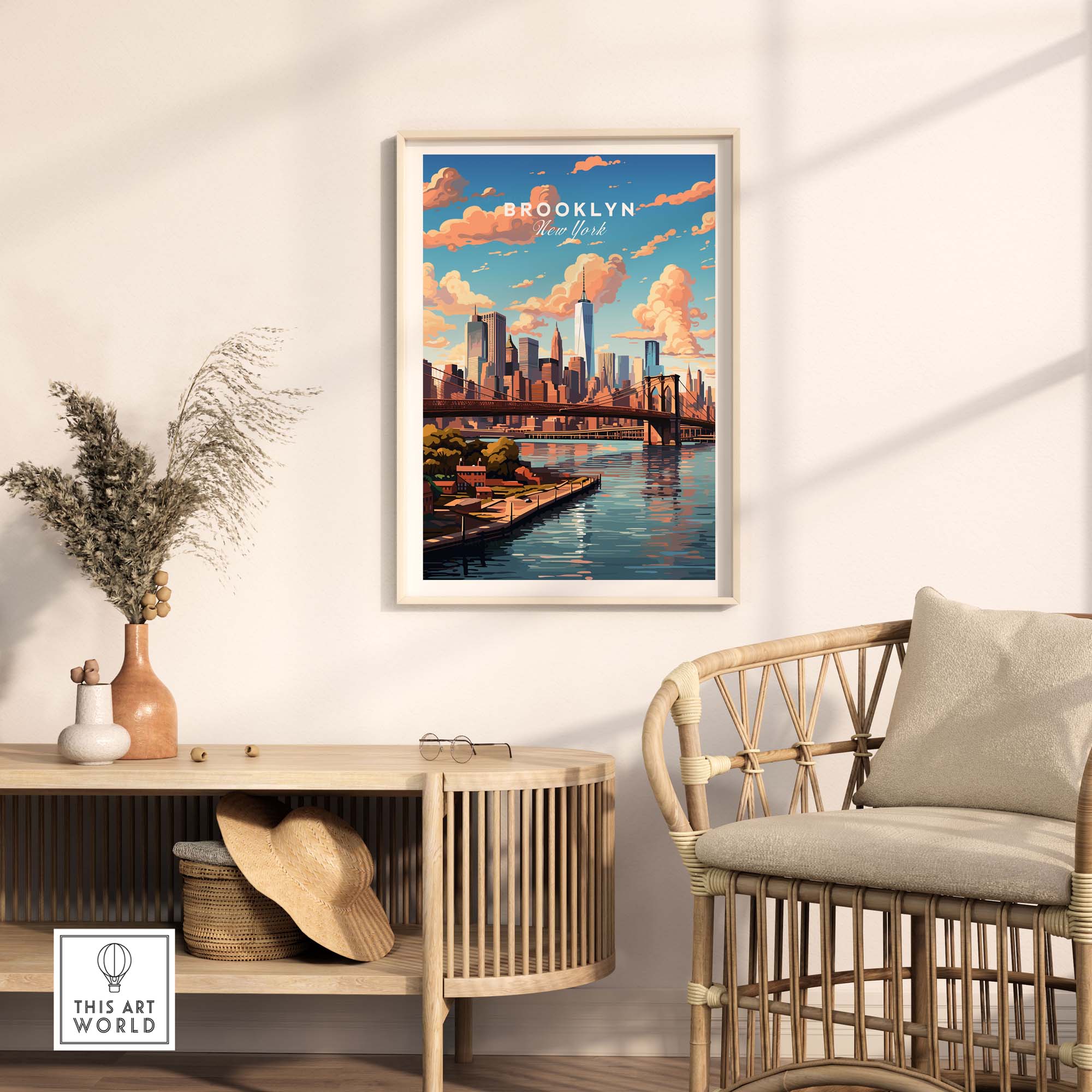 Brooklyn Print showcasing the iconic bridge and skyline in a stylish living space.