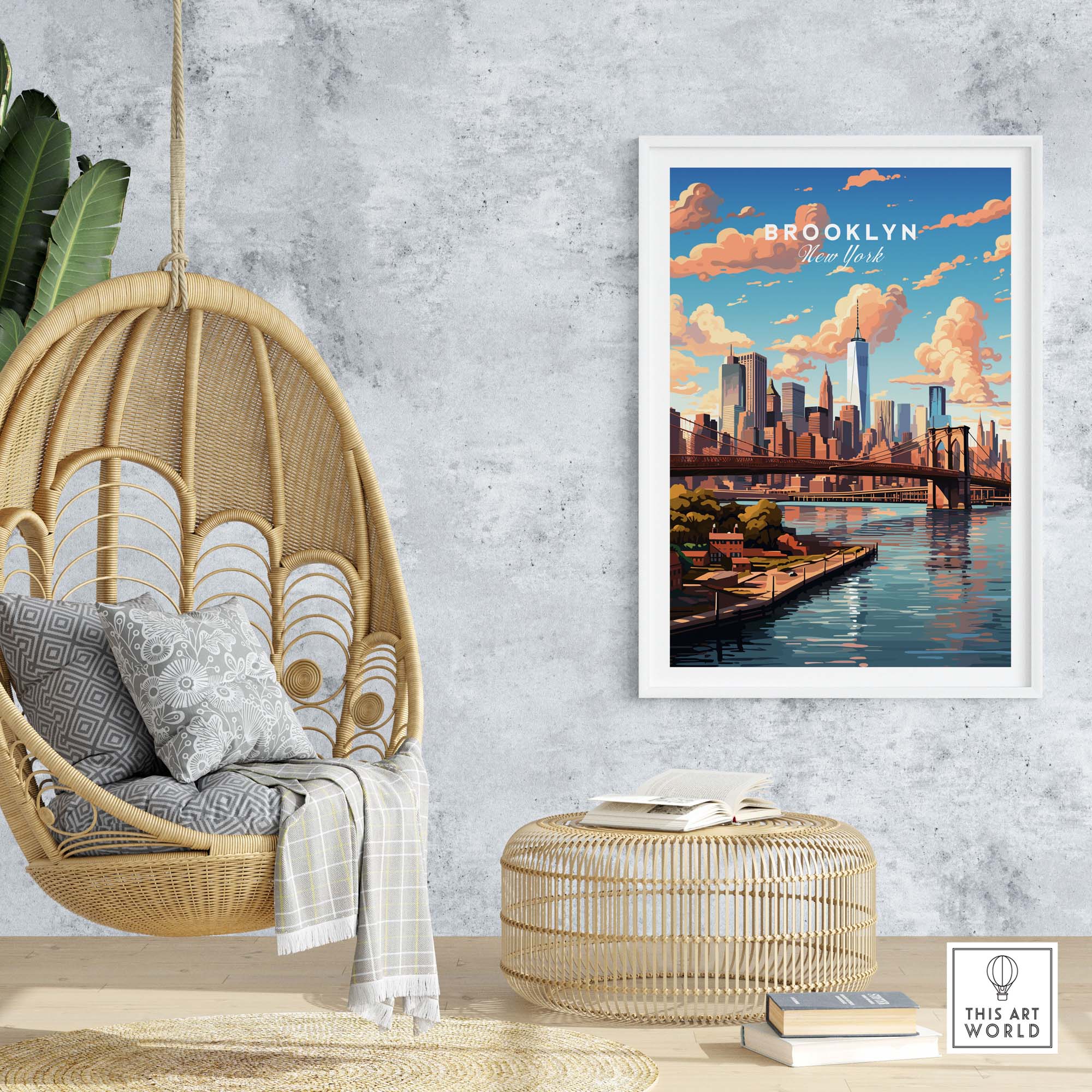 Brooklyn Print featuring a stunning view of the iconic bridge and skyline in an elegant interior setting.