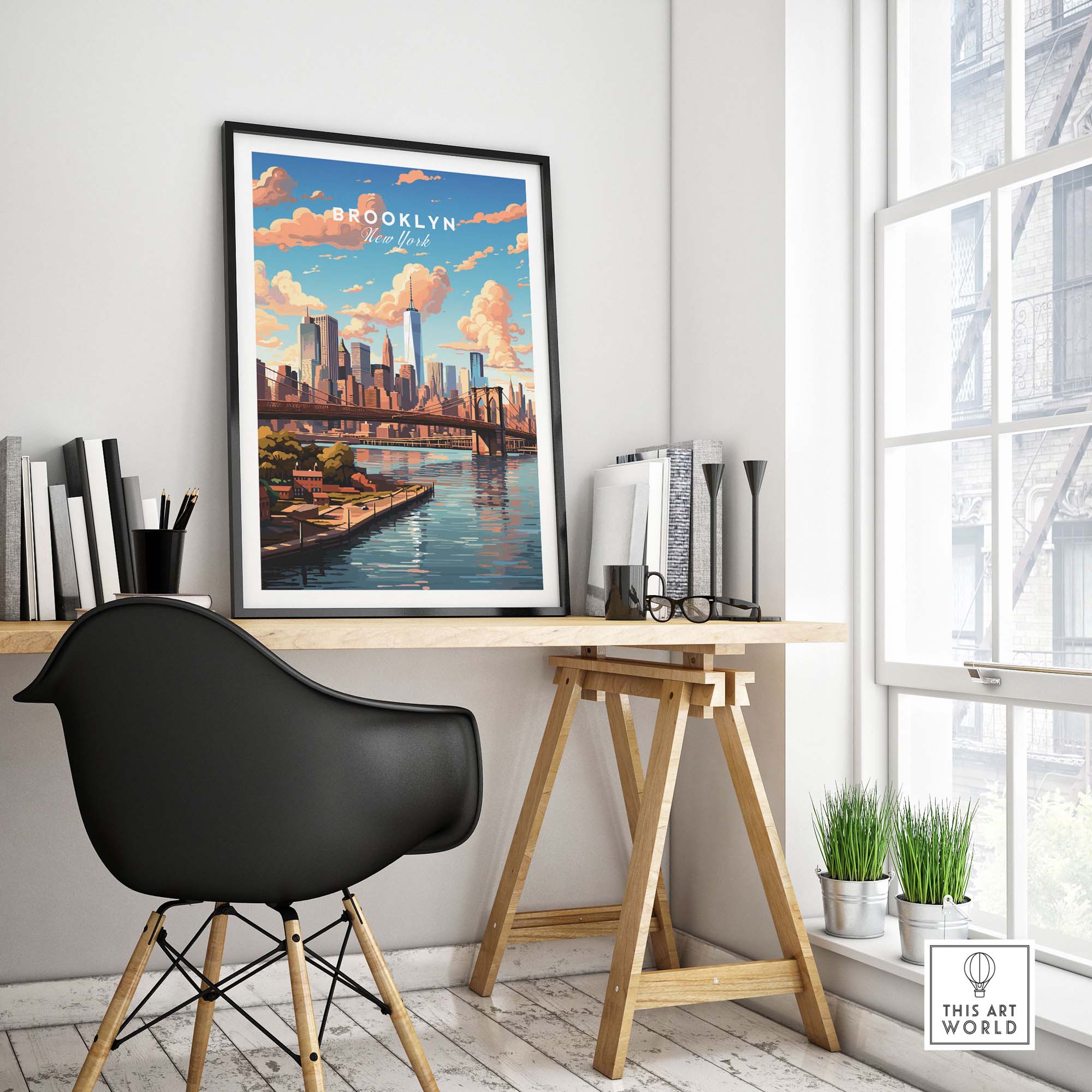 Brooklyn Print displayed in a modern workspace, featuring the iconic bridge amidst a vibrant urban backdrop.