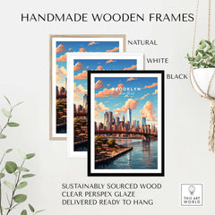 Brooklyn Print framed in handmade wooden frames in natural, white, and black finishes, showcasing urban elegance.