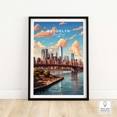 Brooklyn Print featuring a vibrant skyline and bridge, capturing urban elegance and architectural beauty.