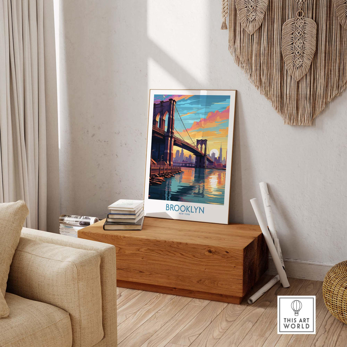 Brooklyn Wall Art Poster featuring the Brooklyn Bridge at sunset in vibrant colors, perfect for urban décor.