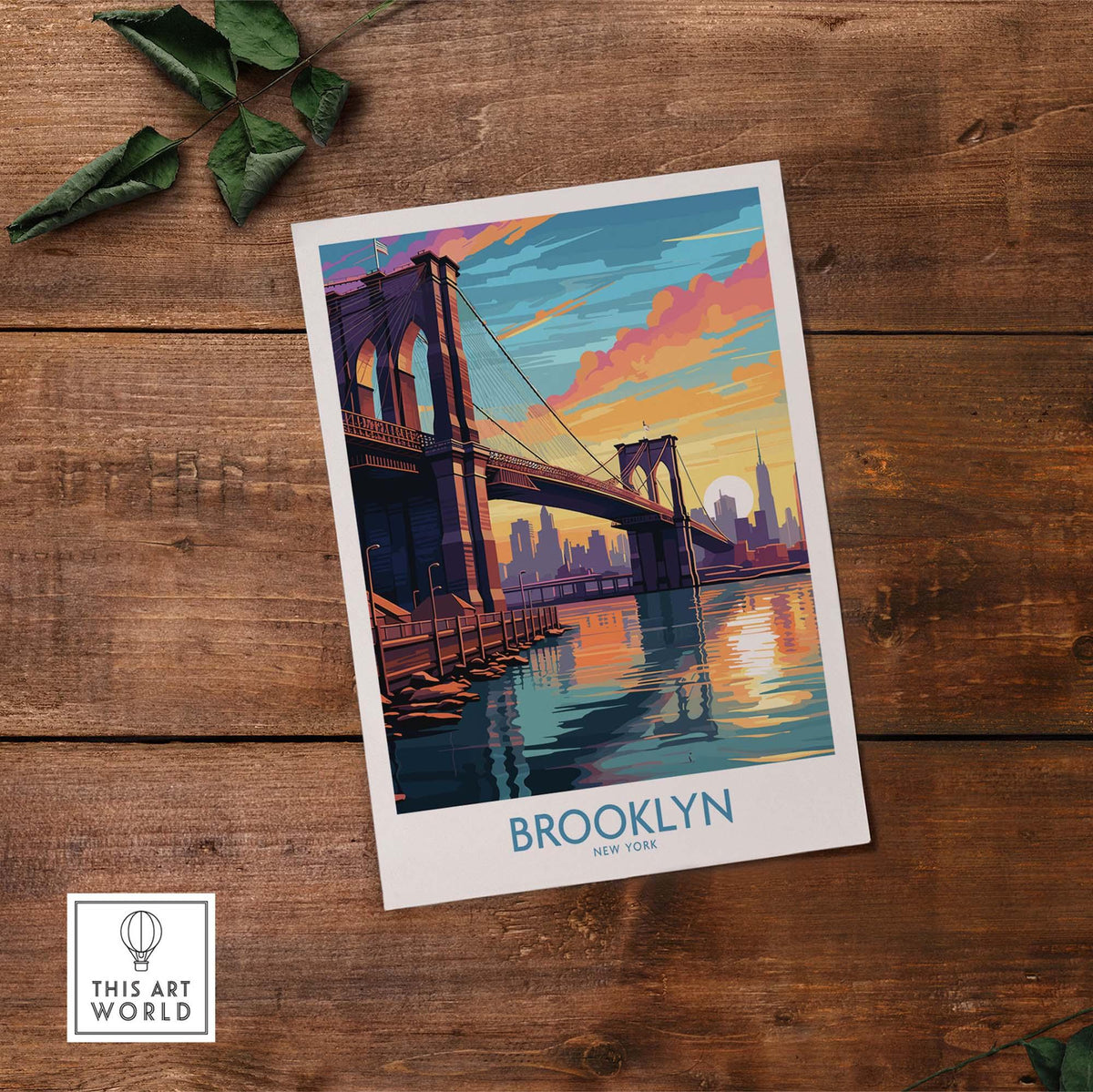 Brooklyn Wall Art Poster featuring the Brooklyn Bridge at sunset, showcasing urban elegance and tranquility.