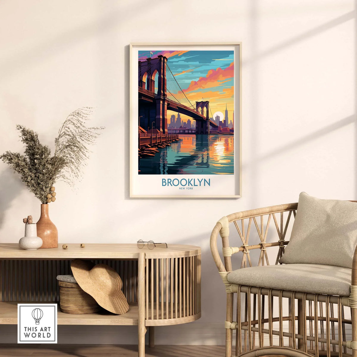 Brooklyn Wall Art Poster featuring the Brooklyn Bridge at sunset, adding urban elegance to any décor.