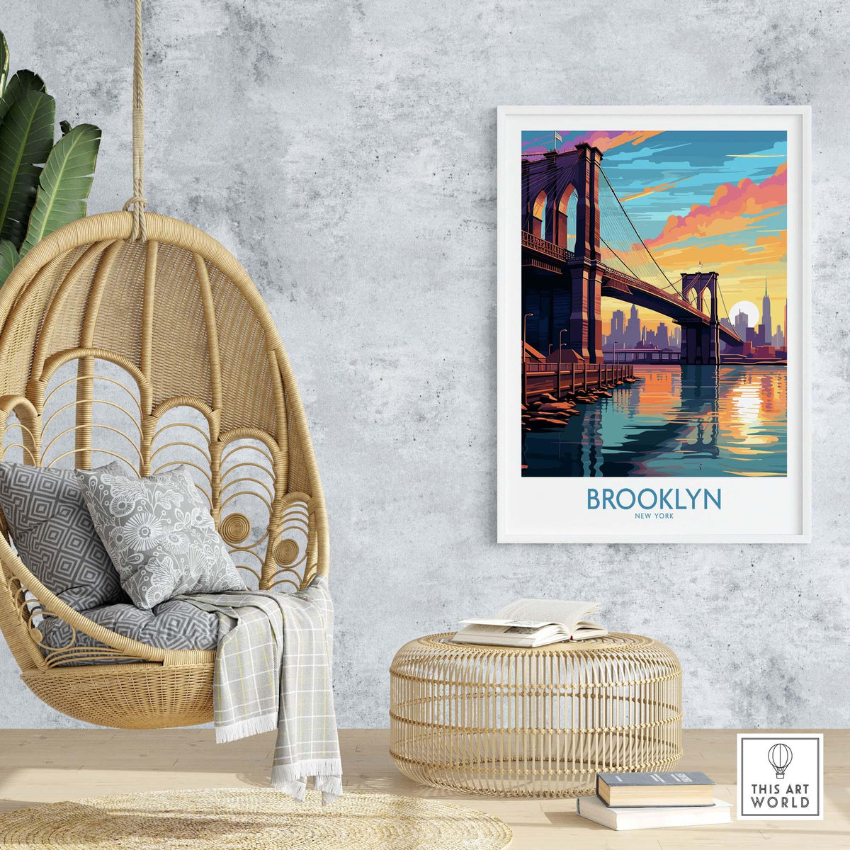 Brooklyn Wall Art Poster showcasing the Brooklyn Bridge at sunset, adding urban elegance to any room.