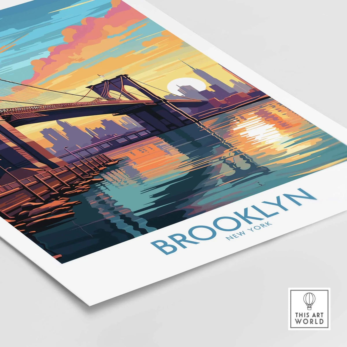 Brooklyn Wall Art Poster featuring the Brooklyn Bridge at sunset with urban skyline reflections.