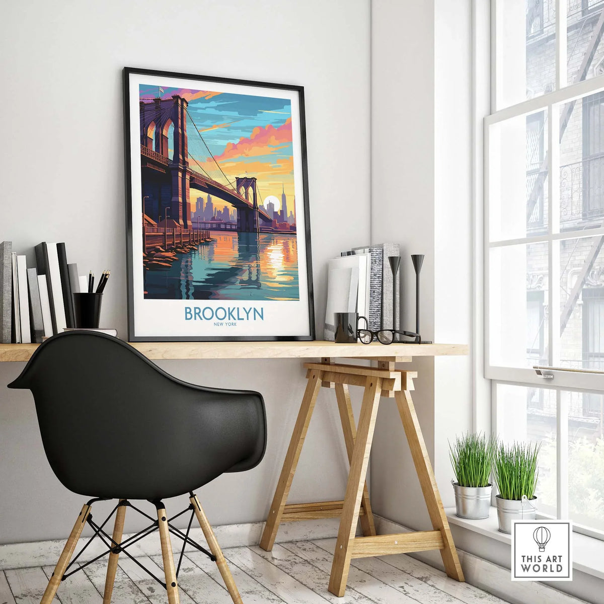 Brooklyn Wall Art Poster displayed in a stylish workspace featuring the Brooklyn Bridge at sunset.