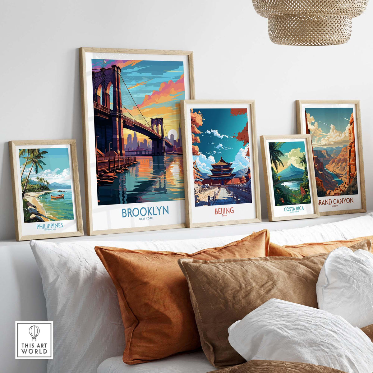 Brooklyn Wall Art Poster showcasing the Brooklyn Bridge mural among other framed travel art.