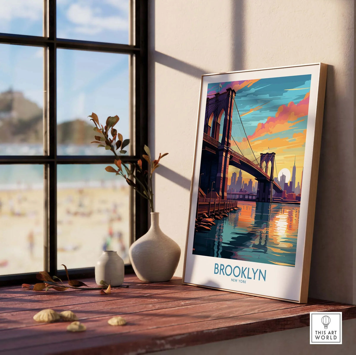 Brooklyn Wall Art Poster showcasing the Brooklyn Bridge at sunset, perfect for urban décor.