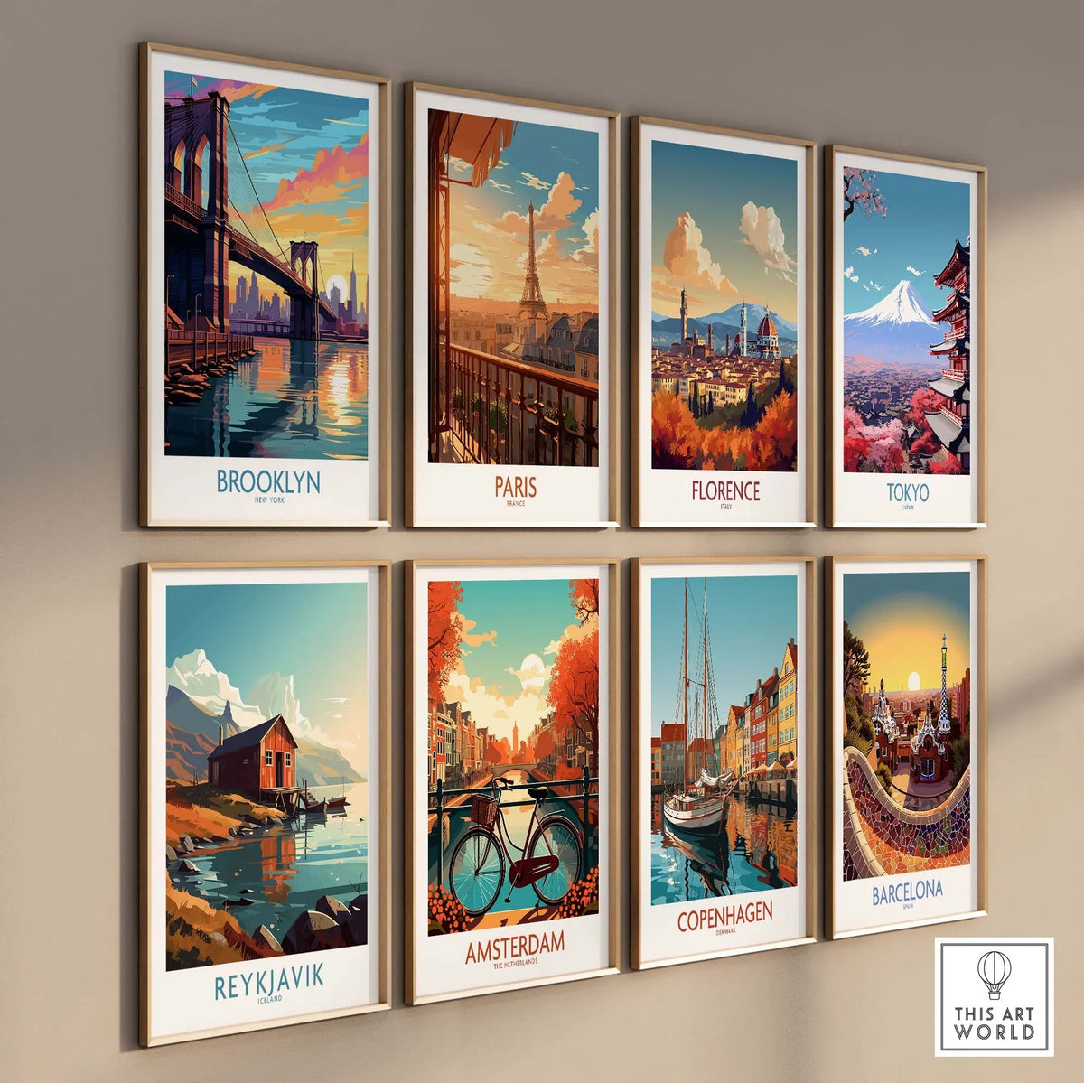 Brooklyn Wall Art Poster display featuring iconic cityscapes including Brooklyn, Paris, Florence, and Tokyo.