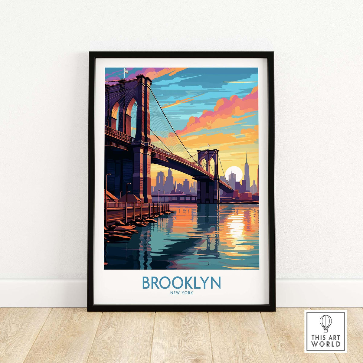 Brooklyn Wall Art Poster featuring the Brooklyn Bridge at sunset, capturing urban beauty and tranquility.