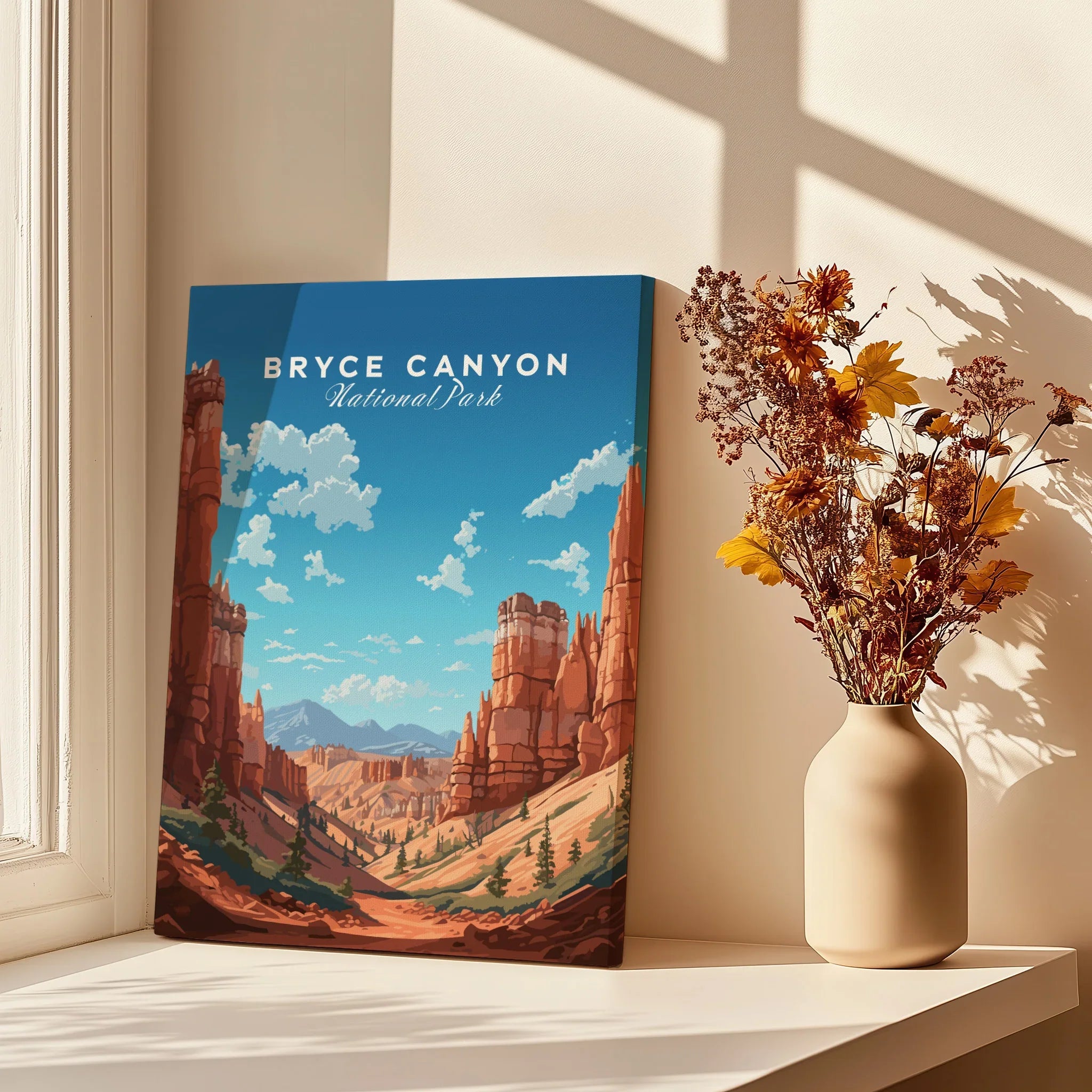 Bryce Canyon National Park art print on windowsill with vase of dried flowers and sunlight