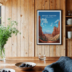 Bryce Canyon National Park art print in black frame, hanging in rustic wood kitchen setting