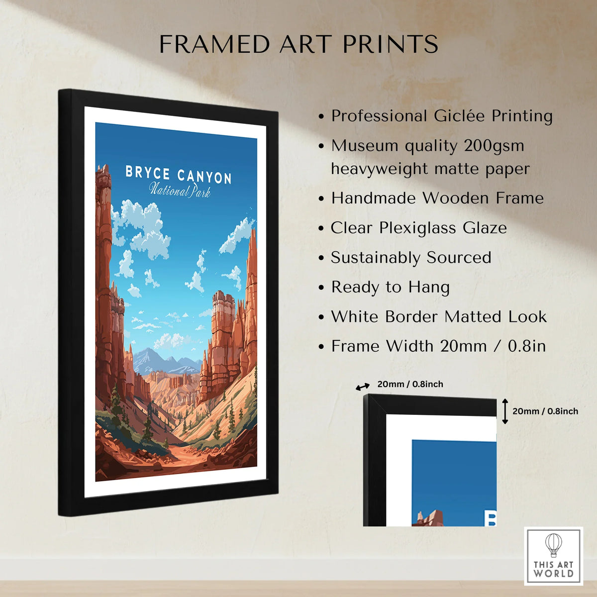 Framed Bryce Canyon National Park poster with description of art print quality and frame measurements