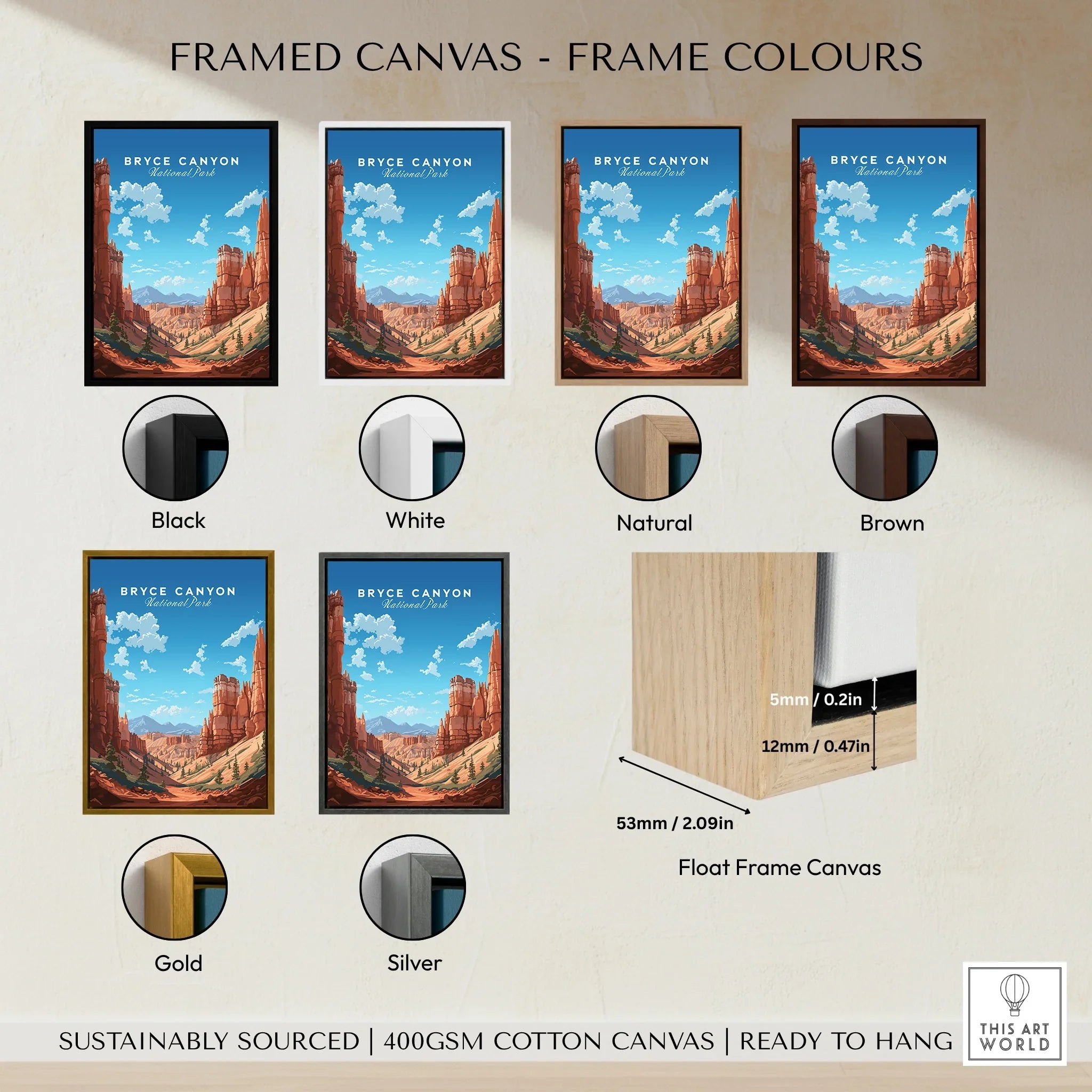 Bryce Canyon National Park wall art in framed canvas with six frame color options shown.