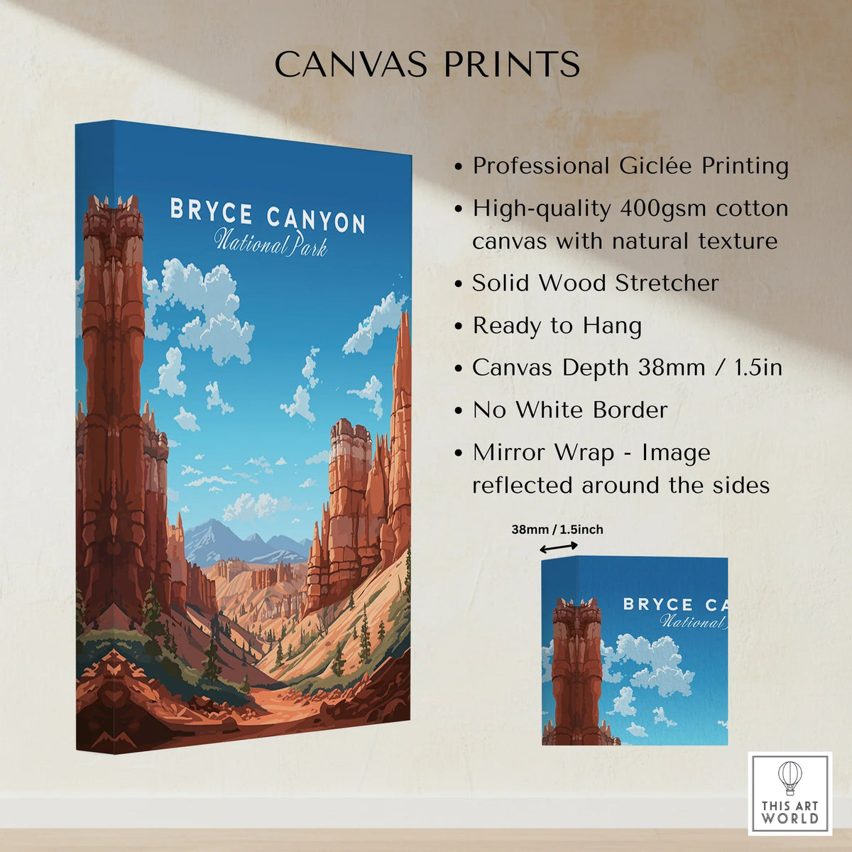 Bryce Canyon National Park canvas wall art print with red rock formations and blue sky