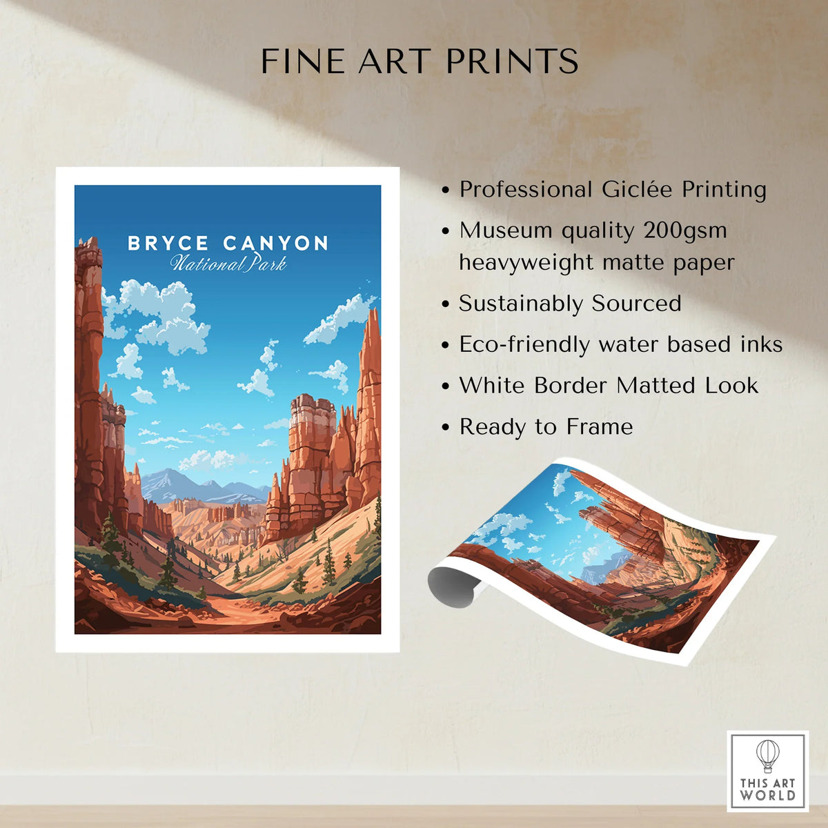 Bryce Canyon National Park art print with red rock formations and blue sky, fine art poster.