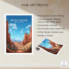 Bryce Canyon National Park art print with red rock formations and blue sky, fine art poster.
