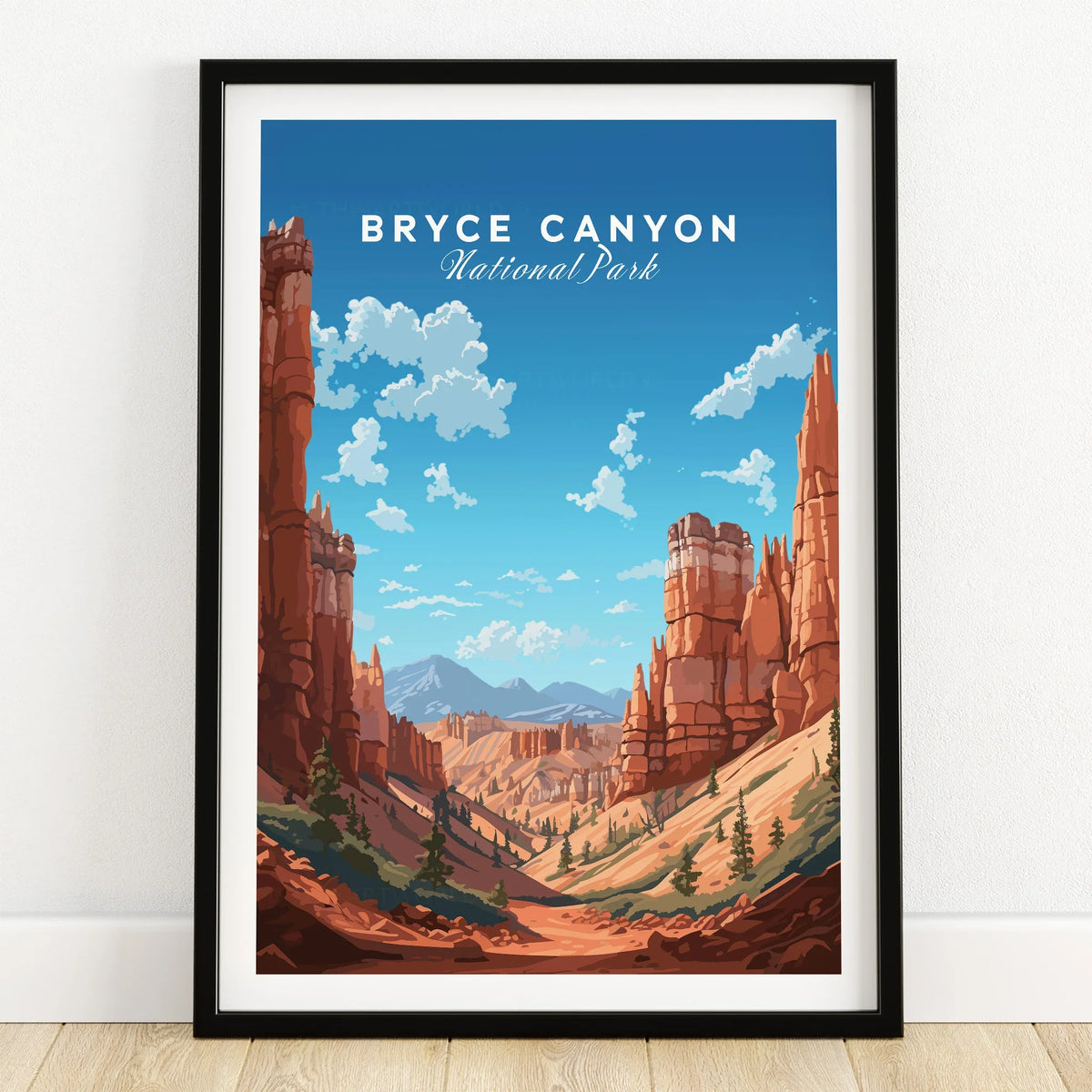 Bryce Canyon National Park art print in black frame on wooden floor, vibrant landscape poster