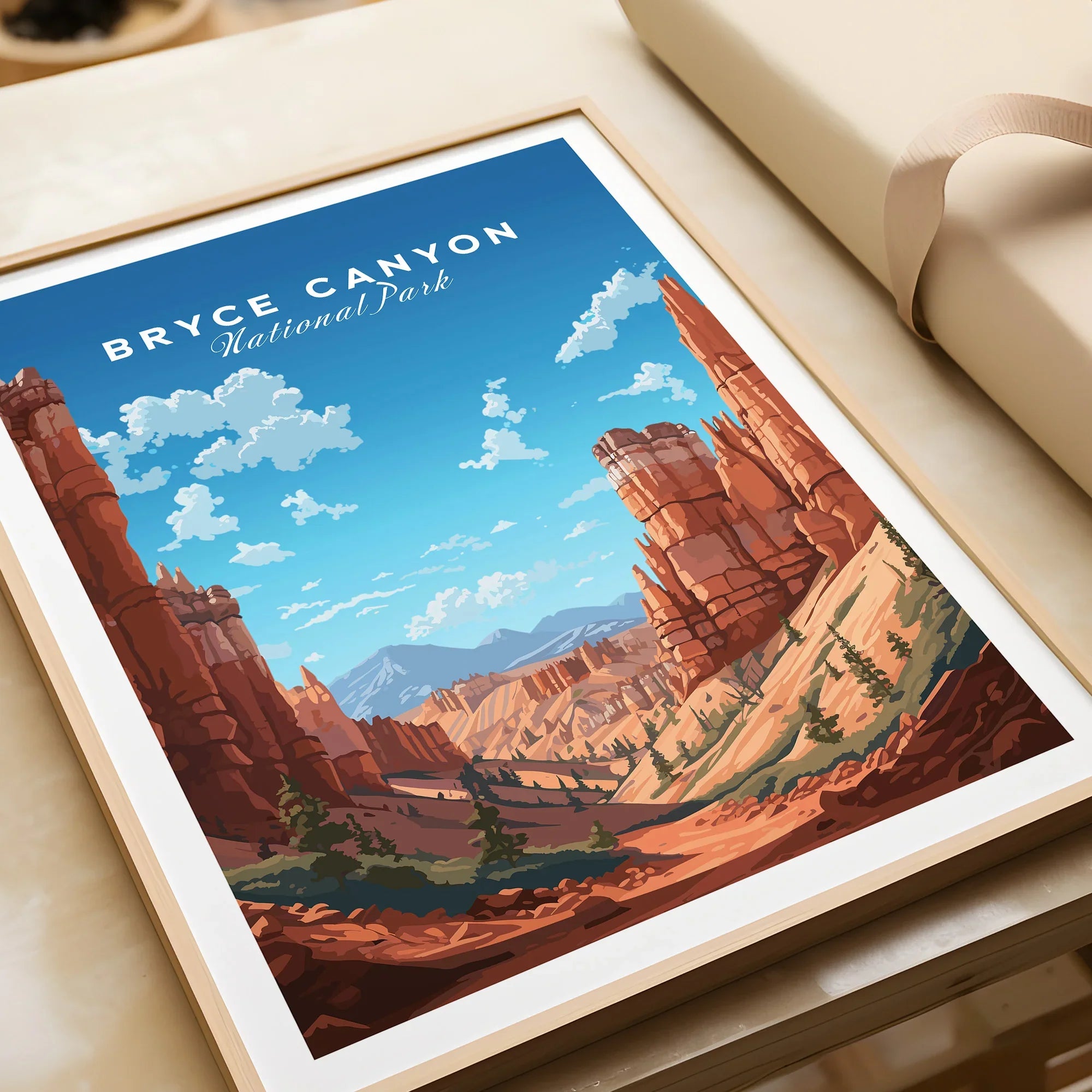 Framed Bryce Canyon National Park art print in natural wood frame, unwrapped as a gift